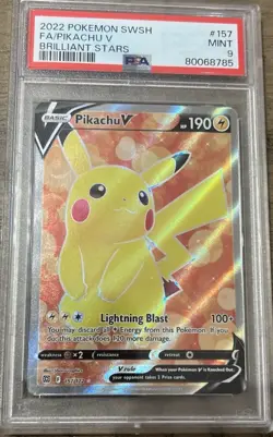 2022 POKEMON SWORD & SHIELD BRILLIANT STARS #157 FULL ART/PIKACHU V PSA 9 - Image 1