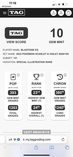 TAG GEM MINT 10 Pokemon TCG Blastoise ex 200/165 Sv: Scarlet & Violet 151 Holo - Image 3