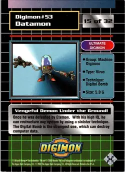 53 Datamon 15 of 32 Ultimate Digimon 1999 Digimon CCG Card NM - Image 2