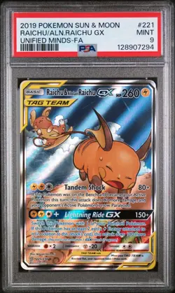2019 Pokemon S&M Unified Minds Raichu/Alolan Raichu Gx 221/236 Full Art PSA 9 - Image 2
