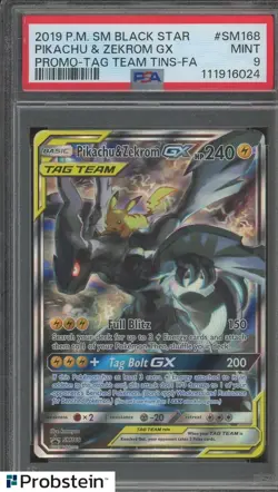 2019 Pokemon SM Black Star Pikachu & Zekrom Gx Promo Tag Tins SM168 PSA 9 - Image 1