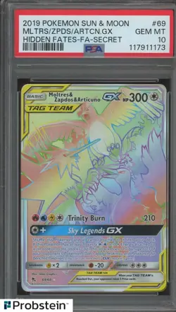 2019 Pokemon Hidden Fates Secret #69 Moltres Zapdos Articuno Gx PSA 10 GEM MINT - Image 1