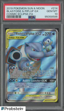 2019 Pokemon S & M Cosmic Eclipse FA #214 Blastoise & Piplup Gx PSA 10 GEM MINT - Image 1