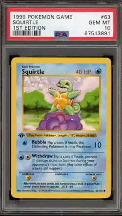 Pokemon Squirtle Base Set Shadowless 1st Edition #63 PSA 10 Gem Mint - Image 1