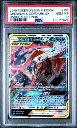 PSA 10 Greninja & Zoroark GX #107 Sun & Moon Unbroken Bonds 2019 GEM MINT - Image 1