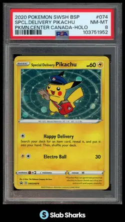 2020 POKEMON BSP #SWSH074 SPECIAL DELIVERY PIKACHU PKMN CENTER CANADA HOLO PSA 8 - Image 1