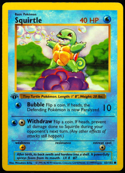 1st Edition Shadowless Squirtle 63/102 LP Pokemon Card - Image 1
