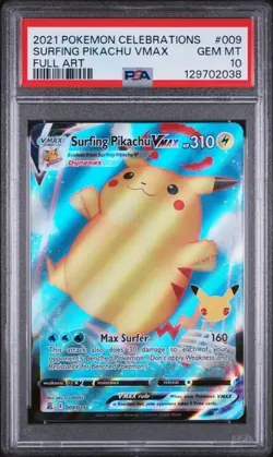 PSA 10 2021 POKEMON CELEBRATIONS SURFING PIKACHU VMAX FULL ART 009/025 GEM MINT - Image 1