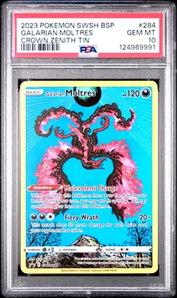 2023 POKEMON SWSH BLACK STAR PROMO CROWN ZENITH TIN #284 GALARIAN MOLTRES PSA 10 - Image 1