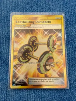 English Pokemon Bodybuilding Dumbbells Secret 161/147 Burning Shadows Holo GOLD - Image 1