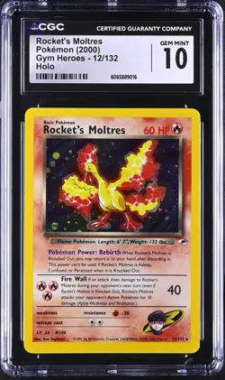CGC 10 GEM MINT Rocket's Moltres Gym Heroes 12/132 Holo Pokemon Card psa - Image 1