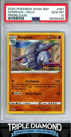 2020 Pokemon Vivid Voltage BSP #067 Prerelease Donphan Holo Stamped PSA 10 J614 - Image 1