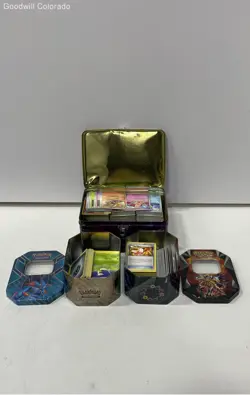 5LB Bulk Lot of Assorted Pokemon Trading Cards in Tin Containers - Image 1