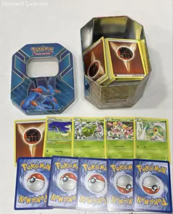 5LB Bulk Lot of Assorted Pokemon Trading Cards in Tin Containers - Image 3