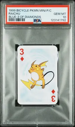 1999 BICYCLE POKEMON MINI PLAYING CARDS BLUE DECK 3 OF DIAMONDS RAICHU PSA 10 - Image 1