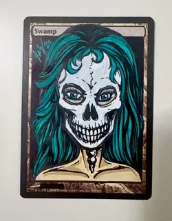 Magic The Gathering, Hand Painted Altered Swamp Card. Day of Dead Woman. - Image 1