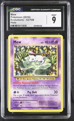 CGC 9 MINT Mew 2016 Evolutions 53/108 Holo Pokemon Card - Image 1