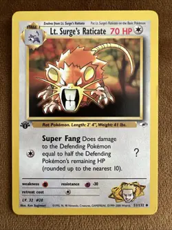 Pokemon Gym Heroes 1st Edition Lt. Surge's Raticate #51/132 - Image 1