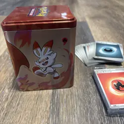 Pokemon TCG 2022 Scorching Fire Stacking Tin Opened Tin And Energy Cards Only - Image 4