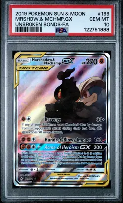 2019 POKEMON SUN & MOON UNBROKEN BONDS FULL ART/MARSHADOW & MACHAMP GX PSA 10 - Image 1