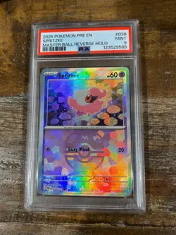 Pokemon 2025 Prismatic Evolutions SPRITZEE Masterball Reverse Holo #038 PSA 9 - Image 1