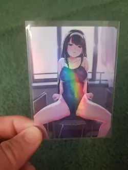 PRETTY BRUNETTE GIRL POSING RAINBOW FOIL WAIFU ANIME CARD - Image 2