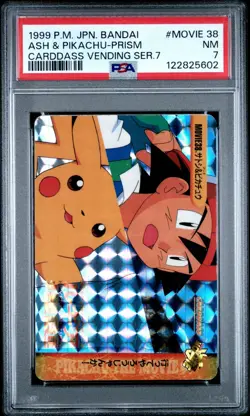 1999 POKEMON JPN BANDAI CARDDASS VENDING SERIES 7 MOVIE 38 ASH & PIKACHU PSA 7 - Image 1