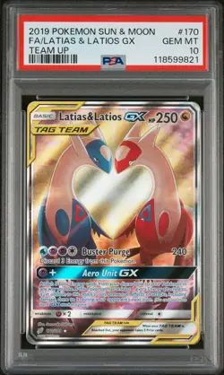 2019 POKEMON SUN & MOON TEAM UP #170 FULL ART/LATIAS & LATIOS GX PSA 10 - Image 1