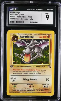 Aerodactyl 1/62 1st Edition Prerelease Cosmos Holo Pokemon Fossil CGC 9 Mint - Image 1