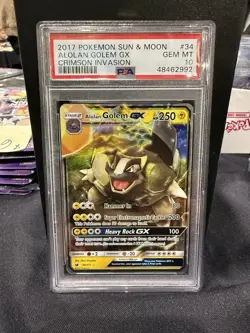 2017 POKEMON SUN & MOON CRIMSON INVASION #34 ALOLAN GOLEM GX PSA 10 GEM MINT - Image 1