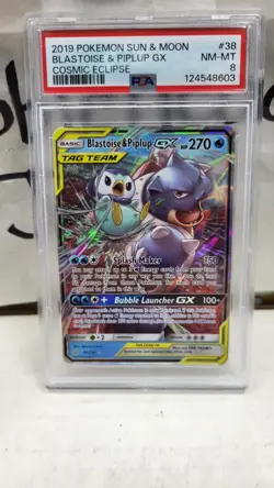 2019 BLASTOISE & PIPLUP GX TAG TEAM FULL ART COSMIC ECLIPSE POKEMON PSA 8 #38 - Image 2