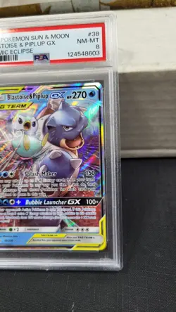 2019 BLASTOISE & PIPLUP GX TAG TEAM FULL ART COSMIC ECLIPSE POKEMON PSA 8 #38 - Image 3