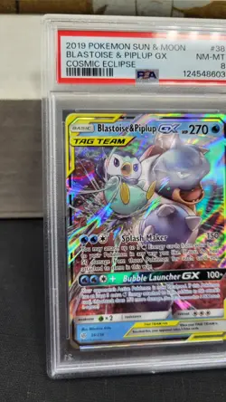 2019 BLASTOISE & PIPLUP GX TAG TEAM FULL ART COSMIC ECLIPSE POKEMON PSA 8 #38 - Image 4