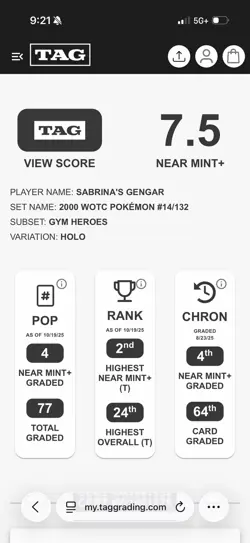 2000 Pokemon Gym Heroes Sabrina’s Gengar 14/132 Holo TAG 7.5 Near Mint + NM+ - Image 5