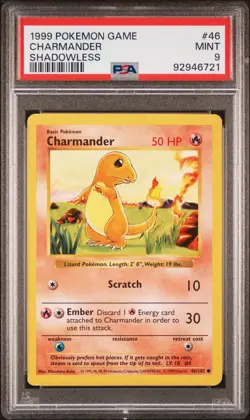 PSA 9 1999 Base Set SHADOWLESS Charmander 46/102 Pokemon Cards - Image 3