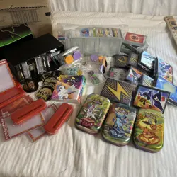 Pokemon Card Lot Tins, Cards, Pins, Sleeves, Dice And More! - Image 1