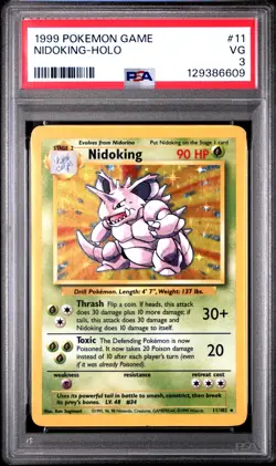 1999 Pokemon Game Base Set Unlimited #11 Nidoking Holo PSA 3 VG - Image 1