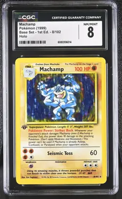CGC 8 Machamp 1999 Base Set 1st Edition 8/102 Holo Pokemon Card - Image 1