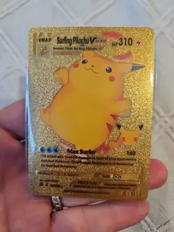 Surfing Pikachu Vmax Gold Foil Fan Art Vinyl Textured Collector Pokemon Card - Image 1