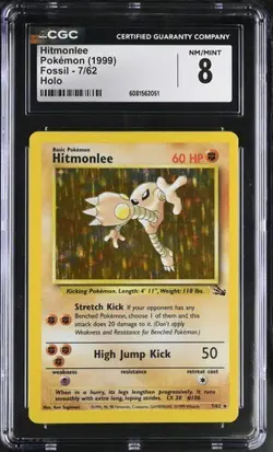 Hitmonlee Holo Rare CGC 8 NM/MINT Pokemon (1999) Fossil Unlimited #7/62 - Image 1