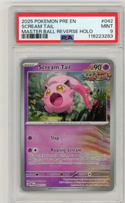 2025 Pokemon Prismatic Evolutions Scream Tail MasterBall Reverse Holo #042 PSA 9 - Image 1