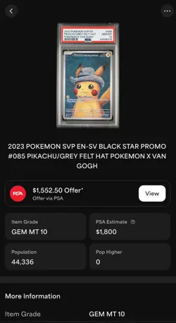 Pokemon Pikachu Promo Card SVP 085 with Grey Felt Hat Van Gogh Gem Mint PSA 10 - Image 3