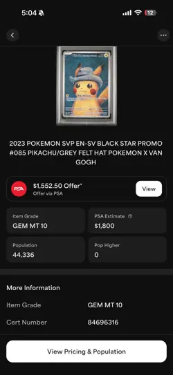 Pokemon Pikachu Promo Card SVP 085 with Grey Felt Hat Van Gogh Gem Mint PSA 10 - Image 4