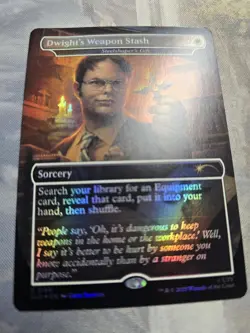 Dwight’s Weapon Stash (Steelshaper’s Gift) FOIL The OFFICE SL MTG in hand - Image 1