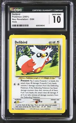 CGC 10 GEM MINT Delibird 2001 Neo Revelation 5/64 Holo SWIRL Pokemon Card - Image 1