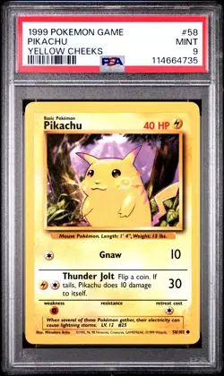 1999 POKEMON GAME YELLOW CHEEKS #58 PIKACHU PSA 9 - Image 1