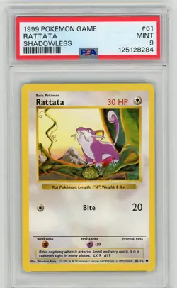 1999 Pokemon Base Set Unlimited Shadowless RATTATA #61/102 PSA 9 MINT - Image 1