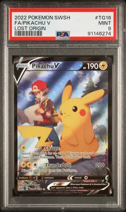 2022 POKEMON SWORD & SHIELD LOST ORIGIN #TG16 FULL ART/PIKACHU V PSA 9 - Image 1