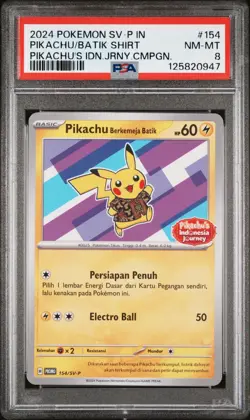PSA 8 GEM MINT Pikachu Berkemeja Batik 154/SV-P Indonesia Journey Stamp Pokemon - Image 1