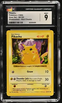 CGC 9 Pikachu 1999 Base Set 58/102 Shadowless Red Cheeks Pokemon Card psa - Image 1